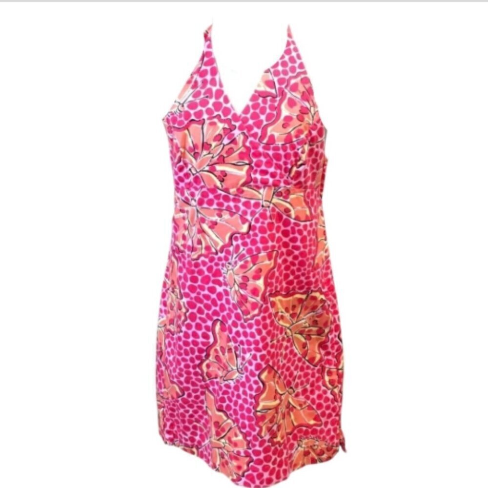 LILLY PULITZER Cha Cha Butterfly Halter Dress Girls Sz 16 Pink‎ Orange  #112N